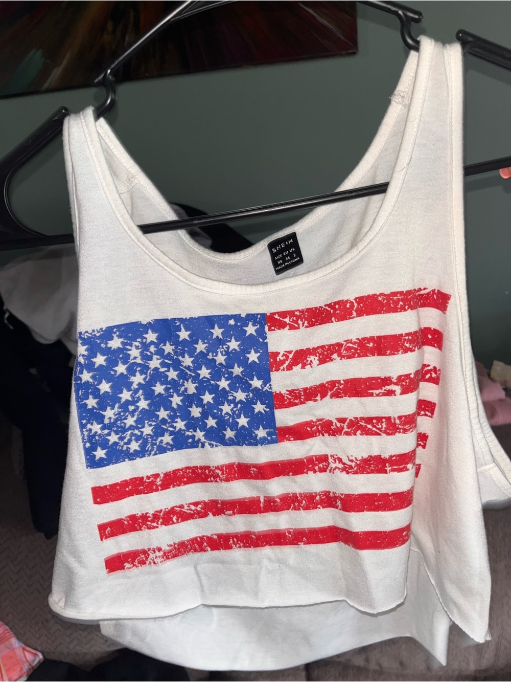 SHEIN White Crop Tank with Distressed American Flag